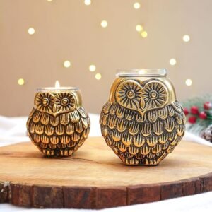 Aluminium-Owls-with-Votives-Set-of-Mother-and-Child.