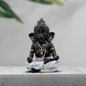 Ganesha-Idol-Decorative-Statue-for-Vastu-Black-and-Silver-with-Gold-Accents.