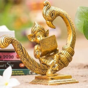 Metal-Sitting-Baby-Ganesh-Idol-Statue-On-Peacock-with-Book.