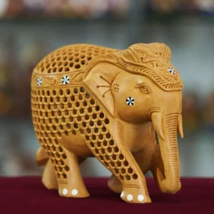 Wood-Carving-Undercut-Jali-Work-Elephant-Statue-Beautiful-Decorative-Showpiece