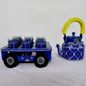 Aluminium Handpainted Kettle, 6 Handpainted Glass, Troly Wooden Stand,Natural Wooden Tray