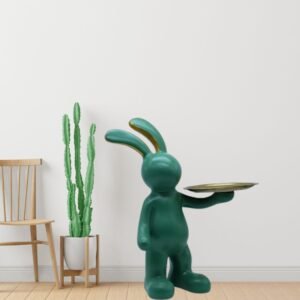 Bunny Figurine with Gold Tray, Handmade Resin Statue,